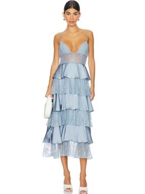 WeWoreWhat Blue Lace Tiered Midi Dress Ruffle Strappy Size 0